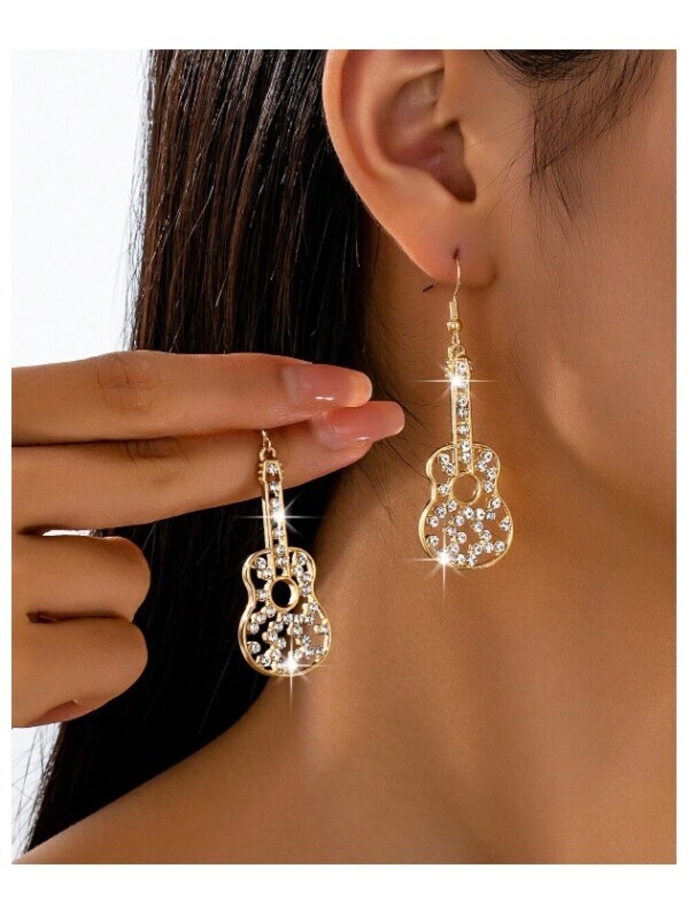 Guitar with accents - Earrings - Gold - CZs - 2.5"